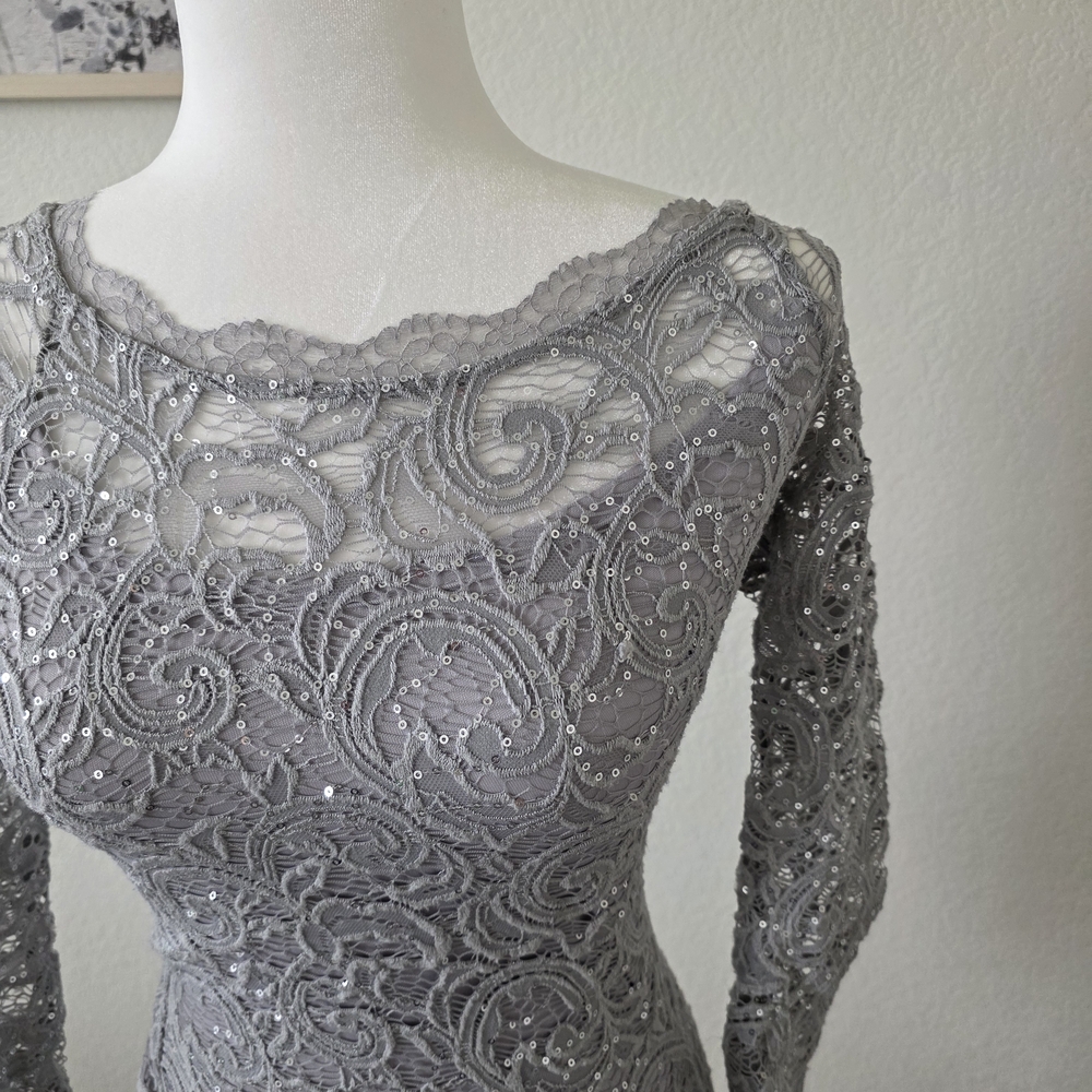 Sequin Hearts Silver-Gray Lace Long Sleeve Evening Dress